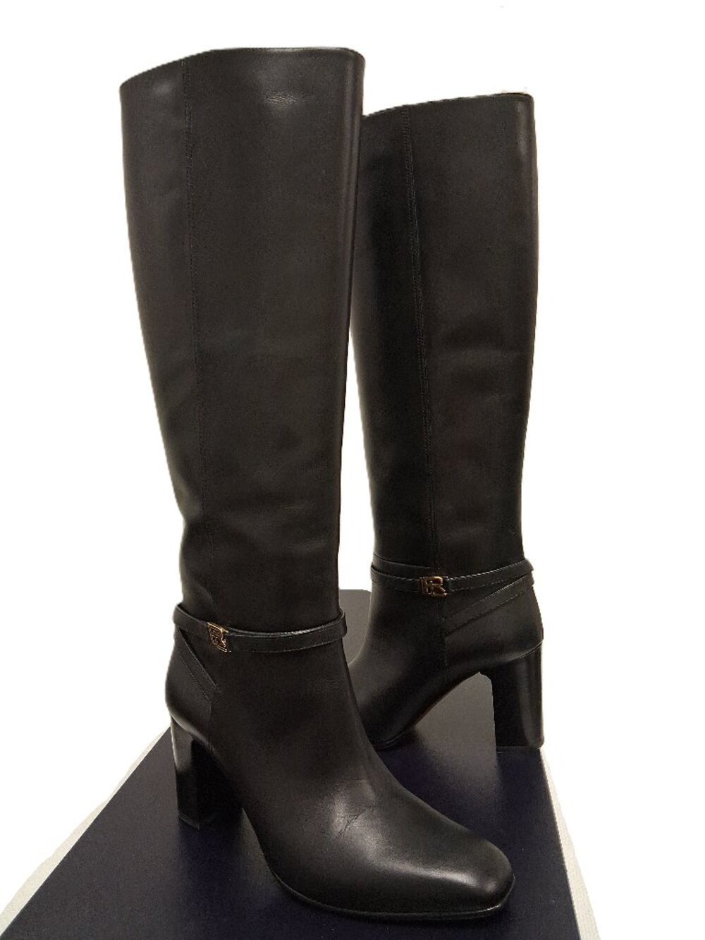 Womens Ralph Lauren Purple Label Raygan Black Leather Knee High‎ Heel Boots
